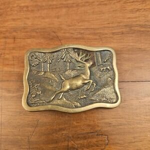 Vintage BTS Solid Brass Deer in the Woods Huntsman Belt Buckle Made In USA
